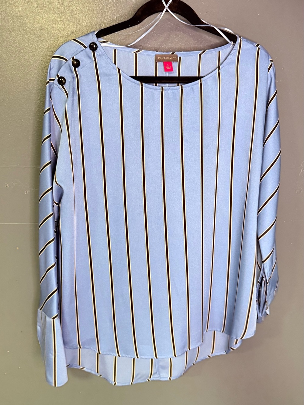 Vince Camuto Light Blue Vertical Stripe Button-Shoulder Blouse